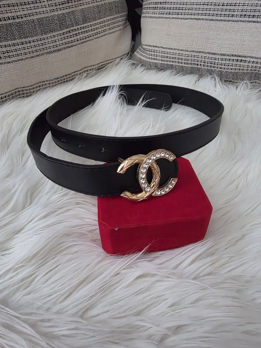 Black Leather Belt with Gold Crystal Double-C Logo Buckle - Designer Style